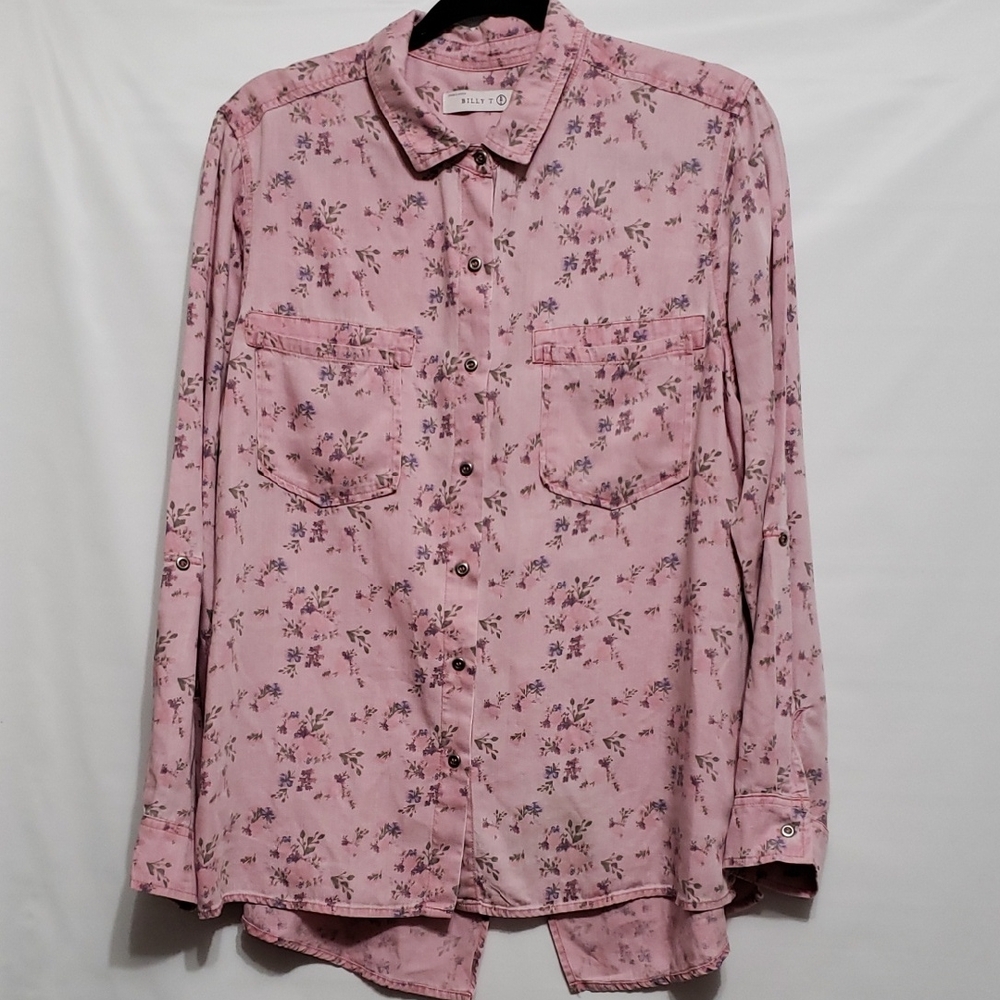 BILLY T Washed Pink Floral Button Down Long Sleeve Vintage Style Women's M Shirt
